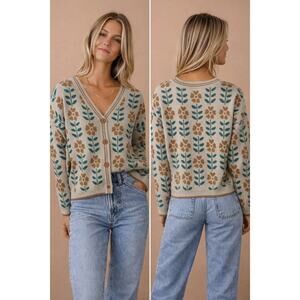 Botanical Floral Knit Cardigan Sweater Button Front Beige Green Size M